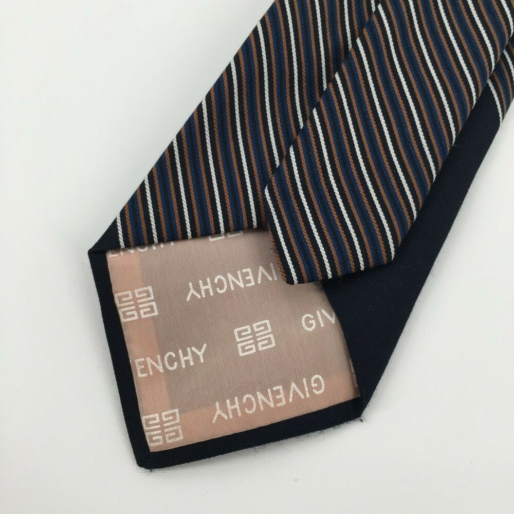 Vintage 1970s Givenchy Gentlemen Paris Tie Navy Blue Striped Skinny Necktie - Picture 5 of 12